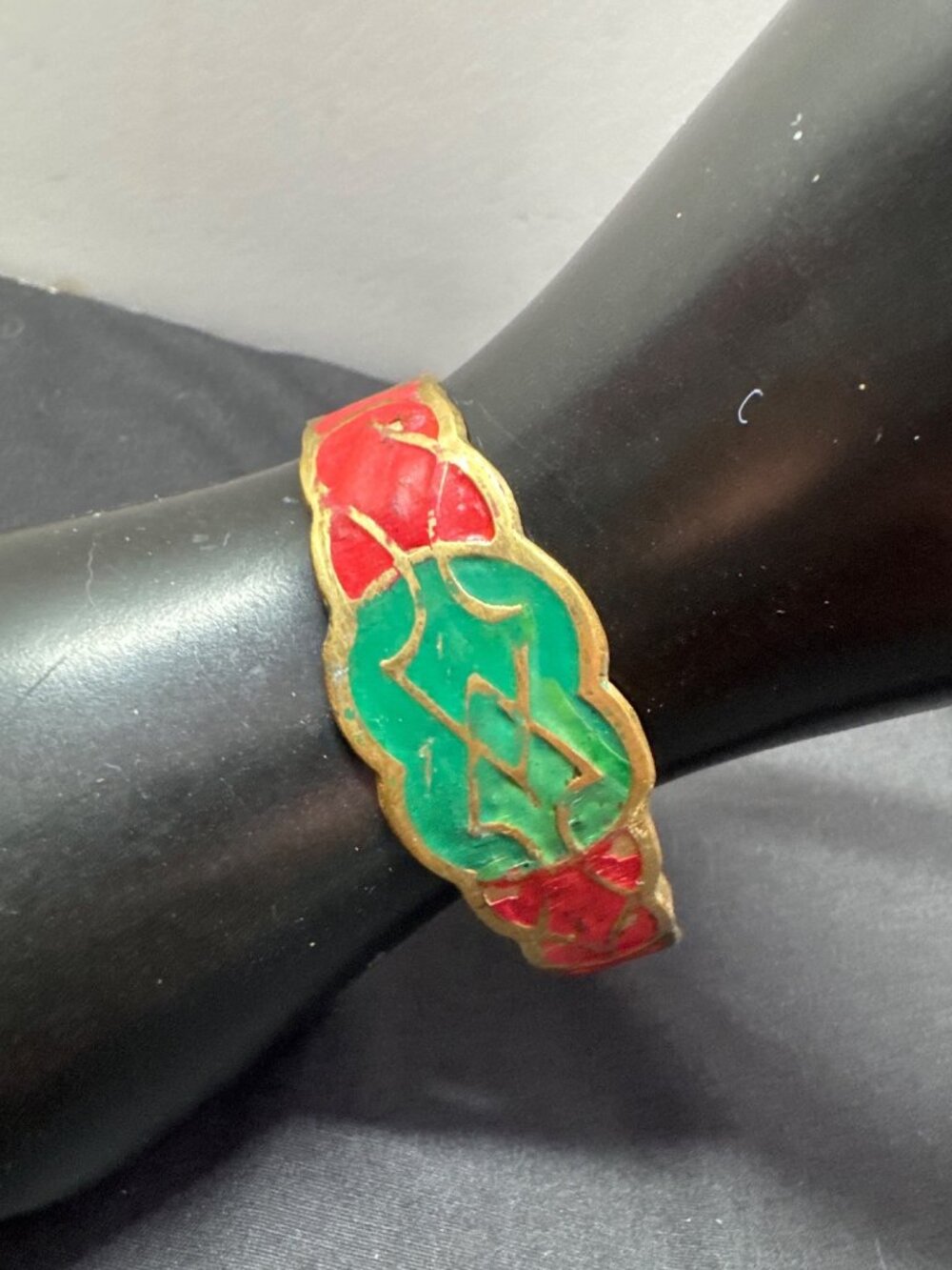 Vintage Brass Cuff Bracelet With Red & Green Enamel Floral Design Made In India